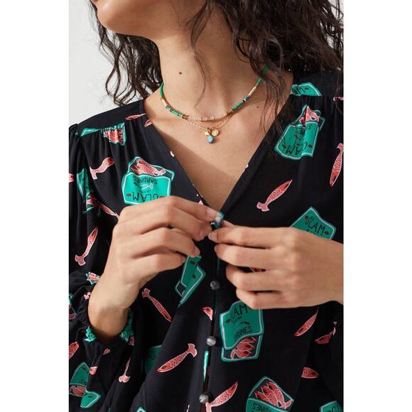 Anthropologie Womens Kendra Dandy Dreamer Button Down Shirt Sz 10 Green Black - Picture 2 of 16